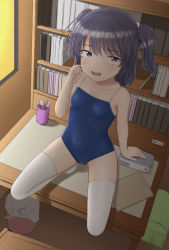 Rule 34 | 1girl, absurdres, book, bookshelf, breasts, commentary request, competition school swimsuit, covered navel, desk, from above, grey eyes, grey hair, hand on own face, highres, indoors, looking up, on desk, one-piece swimsuit, open mouth, original, sc naru, school swimsuit, short hair, small breasts, smile, solo, squatting, swimsuit, thighhighs, two side up, white thighhighs