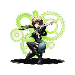 Rule 34 | 10s, 1girl, alpha transparency, amane suzuha, black dress, black footwear, black thighhighs, boots, braid, breasts, brown hair, camouflage, camouflage scarf, divine gate, dress, full body, garter straps, green eyes, green scarf, index finger raised, medium breasts, official art, on one knee, scarf, shadow, short hair with long locks, sideboob, solo, steins;gate, thighhighs, transparent background, twin braids, ucmm