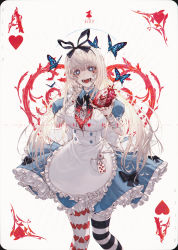 Rule 34 | 1girl, ace (playing card), ace of hearts, alice (alice in wonderland), alice in wonderland, apron, asymmetrical legwear, bandaged arm, bandages, bandaid, blonde hair, blood, blue eyes, blush, bow, breasts, bug, butterfly, card, character name, commentary, dress, facial mark, frilled dress, frills, hair between eyes, hair ribbon, hand on own face, head tilt, heart, heart-shaped pupils, heart (organ), heart facial mark, heart print, highres, holding, insect, long hair, looking at viewer, medium breasts, mismatched legwear, open mouth, original, pantyhose, playing card, puffy short sleeves, puffy sleeves, ribbon, short sleeves, simple background, solo, standing, striped clothes, striped pantyhose, stuffed animal, stuffed rabbit, stuffed toy, symbol-shaped pupils, teeth, underbust, wanke, yandere, yandere trance