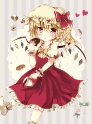 Rule 34 | 1girl, back bow, blonde hair, blush, bow, bowtie, candy, cup, diagonal-striped bow, diagonal-striped bowtie, diagonal-striped clothes, doughnut, flandre scarlet, food, frilled skirt, frilled sleeves, frills, gomabu (rirurutennsi), hair between eyes, hat, hat bow, hat ribbon, head tilt, heart, heart-shaped pupils, holding, holding cup, holding food, lollipop, looking at viewer, mob cap, multicolored wings, no shoes, one side up, open mouth, puffy short sleeves, puffy sleeves, red bow, red ribbon, red skirt, red vest, ribbon, ribbon-trimmed headwear, ribbon trim, shirt, short sleeves, skirt, sleeve bow, sleeve ribbon, socks, solo, spilling, striped background, striped clothes, symbol-shaped pupils, teacup, touhou, vest, white hat, white shirt, white socks, wings, wrapped candy, wrist cuffs, yellow bow, yellow bowtie