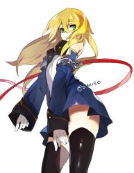 Rule 34 | 1girl, bad id, bad pixiv id, black thighhighs, blazblue, blonde hair, blue skirt, cowboy shot, detached sleeves, gloves, green eyes, hyakuhachi (over3), long hair, looking at viewer, noel vermillion, skirt, solo, thighhighs, twitter username, white background, white gloves