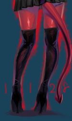 Rule 34 | 10s, 1girl, boots, bubuzuke, close-up, colored skin, dated, demon tail, female focus, from behind, high heel boots, high heels, kneesocks (psg), legs, lower body, miniskirt, panty &amp; stocking with garterbelt, red skin, shoes, skirt, solo, standing, tail, thigh boots, thighhighs, waist down