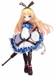 Rule 34 | 1girl, :o, alyce (dohna dohna), apron, blonde hair, blue dress, blue eyes, braid, breasts, brown footwear, brown pantyhose, covered navel, dohna dohna issho ni warui koto o shiyou, dress, empty eyes, frilled apron, frills, full body, gun, heterochromia, karukan (monjya), long hair, long sleeves, looking at viewer, medium breasts, pantyhose, parted lips, pocket watch, purple eyes, shoes, simple background, solo, standing, very long hair, watch, weapon, weapon behind back, white apron, white background