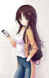 Rule 34 | 1girl, aramachi, blush, breasts, brown hair, cellphone, cleavage, coat, commentary request, denim, green eyes, hand in pocket, highres, himekawa yuki, holding, holding phone, idolmaster, idolmaster cinderella girls, jeans, long hair, looking to the side, medium breasts, pants, phone, shirt, shirt tucked in, sidelocks, simple background, smile, solo, straight hair, very long hair, white shirt, yellow coat