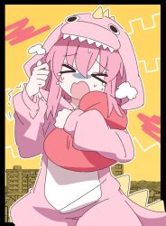 Rule 34 | &gt; &lt;, 1girl, black border, bocchi the rock!, border, building, costume, dinosaur costume, gotoh hitori, hair between eyes, holding, ixy, long hair, long sleeves, open mouth, pink hair, solo, tears