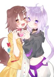 Rule 34 | 2girls, absurdres, ahoge, animal ear fluff, animal ears, black collar, black hoodie, blush, bone hair ornament, braid, brown hair, cartoon bone, cat ears, cat girl, cat tail, chiyomaru (yumichiyo0606), closed mouth, collar, collared shirt, cropped jacket, crossed bangs, dog ears, dog girl, dog tail, fangs, hair ornament, heart, heart hands, highres, hololive, hood, hoodie, inugami korone, inugami korone (1st costume), jacket, long hair, looking at viewer, low twintails, multiple girls, nekomata okayu, nekomata okayu (1st costume), open clothes, open jacket, open mouth, pants, purple eyes, purple hair, red collar, shirt, shorts, simple background, smile, tail, twin braids, twintails, virtual youtuber, white background, white pants, white shirt, yellow jacket