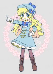 Rule 34 | 1girl, blonde hair, blue eyes, blush stickers, boots, bow, cordelia glauca, cross-laced footwear, deerstalker, dress, flower, flower-shaped pupils, full body, hair flower, hair ornament, hand on own hip, hat, hat bow, highres, lace-up boots, long hair, long sleeves, open mouth, pointing, smile, solo, symbol-shaped pupils, tantei opera milky holmes, tsunoji, v-shaped eyebrows, very long hair