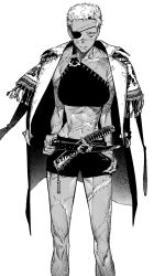 Rule 34 | 1girl, androgynous, bags under eyes, belt, breasts, closed mouth, coat, coat on shoulders, cross scar, eyepatch, feet out of frame, female focus, greyscale, hatching (texture), highres, knife, looking at viewer, medium breasts, midriff, monochrome, navel, original, sanpaku, scar, scar on arm, scar on face, scar on forehead, scar on leg, scar on stomach, serious, sheath, sheathed, short hair, solo, tan, toned, very short hair, yuioni