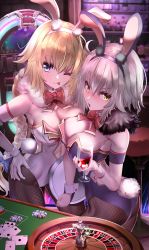 Rule 34 | 2girls, absurdres, animal ears, black leotard, blonde hair, blue eyes, bow, bowtie, braid, breasts, brown legwear, card, cleavage, cowboy shot, cup, detached collar, drinking glass, fake animal ears, fate/apocrypha, fate/grand order, fate (series), fishnet pantyhose, fishnets, headpiece, highres, jeanne d&#039;arc (fate), jeanne d&#039;arc (ruler) (fate), jeanne d&#039;arc alter (avenger) (fate), jeanne d&#039;arc alter (fate), jukebox, large breasts, leaning forward, leotard, long braid, multiple girls, nakasaku-p, pantyhose, playboy bunny, playing card, poker chip, poker table, rabbit ears, rabbit tail, red neckwear, silver hair, single braid, strapless, strapless leotard, table, tail, white leotard, wine glass, wrist cuffs, yellow eyes