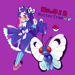 Rule 34 | 1girl, bad id, bad pixiv id, black dress, black hair, butterfree, character name, creatures (company), dress, english text, full body, game freak, gen 1 pokemon, hand up, long hair, long sleeves, looking at viewer, moemon, narumame, nintendo, pantyhose, personification, poke ball, poke ball (basic), pokedex number, pokemon, pokemon (creature), purple background, red eyes, red footwear, shoes, simple background, smile, standing
