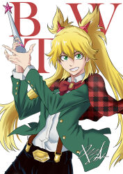 Rule 34 | 1girl, absurdres, blonde hair, bow, burn the witch, clenched teeth, collared shirt, commentary, copyright name, cowboy shot, english commentary, eyelashes, fighting stance, green eyes, green jacket, hair between eyes, hands up, highres, holding, holding wand, jacket, lips, long hair, long sleeves, looking at viewer, ninny spangcole, open clothes, open jacket, rakusakugk, red bow, shirt, sidelocks, signature, simple background, solo, star (symbol), suspenders, teeth, twintails, very long hair, wand, white background, white shirt