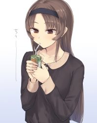 Rule 34 | 1girl, black shirt, blouse, blue background, brown hair, collarbone, couzone, drinking, drinking straw, gradient background, headband, highres, juice box, long hair, looking down, original, parted bangs, red eyes, shirt, solo, tsurime, upper body
