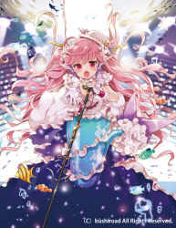 Rule 34 | 10s, 1girl, animal ears, bermuda triangle, bubble, bushiroad, cardfight!! vanguard, chiba sadoru, dress, fins, fish, frilled dress, frills, hat, horns, long hair, mermaid, microphone, microphone stand, monster girl, official art, open mouth, outstretched hand, pink hair, red eyes, snow white of the corals claire, solo, tail, underwater, webbed hands