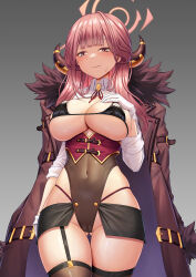 Rule 34 | 1girl, aru (blue archive), black thighhighs, blue archive, blush, breasts, brown coat, brown horns, cameltoe, coat, coat on shoulders, commentary, demon horns, fur-trimmed coat, fur trim, garter straps, gloves, gluteal fold, halo, highres, horns, large breasts, long hair, long sleeves, looking at viewer, neck ribbon, pink hair, pink halo, ribbon, shirt, single garter strap, solo, tako seijin, thighhighs, white gloves, white shirt, yellow eyes