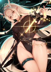 Rule 34 | 1girl, absurdres, arknights, bare hips, bare shoulders, black leotard, blonde hair, breasts, brown eyes, commentary request, covered navel, dark background, feathers, from below, genkung, glint, glowing, glowing sword, glowing weapon, gluteal fold, groin, high ponytail, highleg, highleg leotard, highres, holding, holding sword, holding weapon, horns, large breasts, lens flare, leotard, long hair, looking at viewer, looking down, official alternate costume, parted lips, pointy ears, see-through, sheath, shining (arknights), shining (silent night) (arknights), smile, solo, sword, thigh gap, thigh strap, thighs, very long hair, weapon