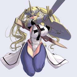 Rule 34 | 1girl, armor, attack, blonde hair, blue background, blue eyes, breasts, curvy, female focus, full body, gauntlets, headgear, holding, holding sword, holding weapon, horns, knight, kouno (masao), large breasts, long hair, original, sheath, shield, shoulder armor, sideboob, simple background, single horn, solo, sword, thick thighs, thighs, twintails, weapon, wide hips
