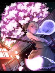Rule 34 | 1girl, architecture, black pantyhose, blue eyes, building, cherry blossoms, dark, dress, dress shirt, dutch angle, east asian architecture, fighting stance, floral print, from below, green skirt, hair ribbon, hairband, highres, konpaku youmu, konpaku youmu (ghost), letterboxed, long sleeves, looking at viewer, looking away, night, night sky, pantyhose, petals, purple eyes, ready to draw, rerrere, ribbon, scabbard, sheath, sheathed, shirt, short hair, silver hair, skirt, sky, solo, stairs, standing, sword, touhou, tree, vest, weapon