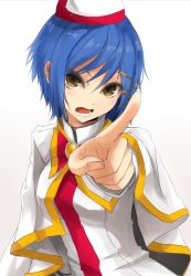 Rule 34 | 00s, 1girl, aika granzchesta, angry, aria (manga), bad id, bad pixiv id, blue hair, bow, brown eyes, capelet, hair ornament, hat, index finger raised, looking at viewer, miruto netsuki, open mouth, pointing, pointing at viewer, short hair, simple background, solo, upper body, white background