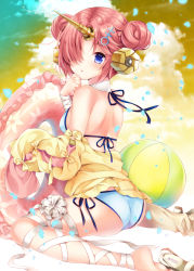 Rule 34 | 1girl, :o, ass, ball, bandaged arm, bandaged leg, bandages, bare shoulders, beachball, bikini, blue bikini, blue eyes, breasts, cloud, fate/grand order, fate (series), floral print, frankenstein&#039;s monster (fate), frankenstein&#039;s monster (swimsuit saber) (fate), frankenstein&#039;s monster (swimsuit saber) (first ascension) (fate), from behind, gradient sky, green sky, hair ornament, hair over one eye, halterneck, hand up, headgear, high heels, horns, innertube, looking at viewer, looking back, medium breasts, nogi takayoshi, off shoulder, petals, pink hair, shirt, shoes, short hair, shoulder blades, side-tie bikini bottom, single horn, sitting, sky, sleeves past wrists, solo, swim ring, swimsuit, unworn shoes, wariza, wind, yellow shirt, yellow sky