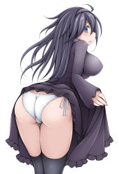 Rule 34 | 1girl, ass, bent over, black thighhighs, blush, breasts, clothes lift, covered erect nipples, creatures (company), dress, dress lift, game freak, hairband, hex maniac (pokemon), highres, impossible clothes, large breasts, long hair, looking at viewer, looking back, matching hair/eyes, nintendo, nose, npc trainer, open mouth, panties, pokemon, pokemon xy, puffy nipples, purple eyes, purple hair, setoemon, side-tie panties, simple background, solo, thighhighs, trefoil, underwear, white background, white panties
