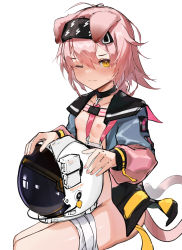 Rule 34 | 1girl, ;(, absurdres, animal ears, arknights, arusu mie mie zi, black choker, black hairband, black jacket, blush, braid, breasts, cat ears, cat girl, cat tail, choker, closed mouth, goldenglow (arknights), hairband, unworn headwear, helmet, unworn helmet, highres, id card, invisible chair, jacket, lightning bolt print, long hair, long sleeves, looking at viewer, naked jacket, nipples, no bra, no panties, orange eyes, pink hair, pink jacket, simple background, single braid, sitting, small breasts, solo, space helmet, tail, thigh strap, v-shaped eyebrows, white background