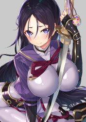 Rule 34 | 1girl, armor, between breasts, blush, bodysuit, breasts, closed mouth, eyes visible through hair, fate/grand order, fate (series), fingerless gloves, gloves, hakuishi aoi, holding, holding sword, holding weapon, japanese armor, katana, kote, kurokote, large breasts, long hair, looking at viewer, looking back, minamoto no raikou (fate), parted bangs, purple eyes, purple hair, shiny clothes, simple background, smile, solo, sword, unsheathed, very long hair, weapon