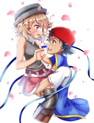 Rule 34 | 1boy, 1girl, ash ketchum, ashujou, baseball cap, black hair, blonde hair, blue eyes, brown eyes, carrying, confetti, creatures (company), earrings, game freak, grey headwear, hat, highres, holding, jacket, jewelry, looking at another, nintendo, open mouth, pleated skirt, pokemon, pokemon (anime), pokemon journeys, pokemon swsh105, red skirt, serena (pokemon), shirt, short hair, skirt, smile, thighhighs, white background