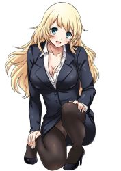 Rule 34 | 10s, 1girl, :d, alternate costume, atago (kancolle), black pantyhose, black skirt, blonde hair, blue eyes, blush, breasts, cleavage, female focus, formal, full body, high heels, jpeg artifacts, kantai collection, kneeling, large breasts, long hair, looking at viewer, office lady, on one knee, open mouth, panties, panties under pantyhose, pantyhose, pencil skirt, sakiyamama, simple background, skirt, skirt suit, smile, solo, suit, underwear, white background