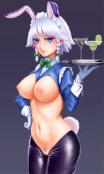 Rule 34 | 1girl, animal ears, annoyed, blue eyes, bow, bowtie, braid, breasts, cleft of venus, closed mouth, commentary request, cowboy shot, crotchless, crotchless pants, cup, drink, drinking glass, fake animal ears, fake tail, female pubic hair, food, frilled sleeves, frills, fruit, gloves, green bow, grey background, groin, hair bow, hand on own hip, hand up, highres, holding, holding tray, izayoi sakuya, kujikara (16079917), long sleeves, looking at viewer, maid, maid headdress, medium breasts, meme attire, navel, nipples, pants, pubic hair, puffy sleeves, pussy, rabbit ears, rabbit tail, revealing clothes, reverse bunnysuit, reverse outfit, shiny clothes, short hair, shrug (clothing), silver hair, simple background, skindentation, solo, spread fingers, stomach, swept bangs, tail, touhou, tray, twin braids, v-shaped eyebrows, white gloves, wing collar
