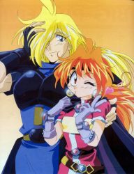 Rule 34 | 1990s (style), 1boy, 1girl, araizumi rui, armor, blonde hair, blowing kiss, blue eyes, gourry gabriev, heart, height difference, highres, lina inverse, long hair, looking at viewer, non-web source, one eye closed, orange background, orange hair, red eyes, retro artstyle, slayers, smile, v, wink