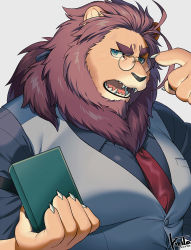 Rule 34 | 1boy, animal ears, bad id, bad twitter id, bara, beard, between pectorals, black shirt, book, brown fur, brown hair, facial hair, formal, frown, furry, furry male, glasses, green eyes, grey vest, highres, holding, holding book, kiri futoshi, large pectorals, lion boy, lion ears, looking at viewer, male focus, medium hair, muscular, muscular male, necktie, necktie between pectorals, original, pectorals, round eyewear, salaryman, shirt, solo, thick eyebrows, upper body, vest