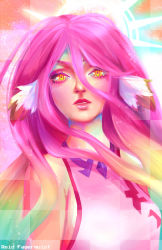 Rule 34 | 1girl, breasts, commentary, spiked halo, english commentary, gradient hair, hair between eyes, halo, highres, jibril (no game no life), large breasts, long hair, looking at viewer, magic circle, multicolored eyes, multicolored hair, no game no life, parted lips, pink hair, portrait, purple eyes, reid fagerquist, solo, very long hair, wing ears, yellow eyes