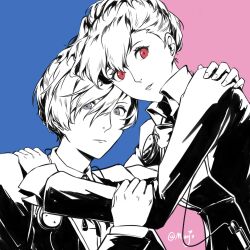 Rule 34 | 1boy, 1girl, black jacket, bow, bowtie, digital media player, earphones, gekkoukan high school uniform, grey eyes, hand on another&#039;s arm, hand on another&#039;s shoulder, highres, jacket, majosapphire, partially colored, persona, persona 3, persona 3 portable, ponytail, red eyes, school uniform, shiomi kotone, shirt, short hair, twitter username, two-tone background, upper body, white shirt, yuuki makoto (persona 3)