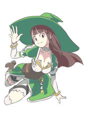 Rule 34 | 1girl, absurdres, adapted costume, alternate breast size, boots, bracelet, breasts, brown eyes, brown footwear, brown hair, choker, cleavage, collarbone, corset, cosplay, detached sleeves, floating hair, full body, green hat, hat, highres, jewelry, kagari atsuko, kitkit5151, large breasts, leafa, leafa (cosplay), little witch academia, long hair, long sleeves, looking at viewer, sheath, sheathed, shorts, simple background, smile, solo, sword, thighs, weapon, white background, white shorts, white sleeves, witch hat