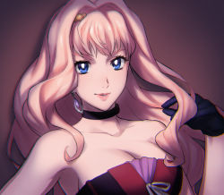 Rule 34 | 1girl, absurdres, blonde hair, blue eyes, breasts, brown background, choker, cleavage, collarbone, earrings, grey ribbon, hand in own hair, highres, jewelry, large breasts, long hair, macross, macross frontier, mosako, parted lips, sheryl nome, solo, striped, upper body, very long hair