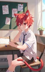 Rule 34 | 1boy, animal ear fluff, animal ears, bishounen, brown shorts, cat ears, cat tail, chair, chalkboard, commentary request, curtains, desk, drawing, eraser, extra ears, eyuzi i, highres, kemonomimi mode, looking at viewer, male focus, necktie, original, plant, potted plant, red hair, school desk, school uniform, short hair, short sleeves, shorts, sitting, solo, tail, teeth, translation request