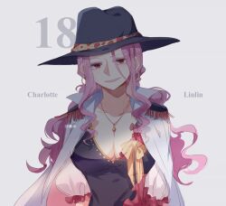 Rule 34 | 1girl, aged down, black hat, breasts, character name, charlotte linlin, cleavage, coat, collared coat, commentary request, cowboy shot, earrings, epaulettes, fish191101756, hat, jewelry, looking at viewer, low twintails, necklace, one piece, pink hair, puffy sleeves, sidelocks, smile, solo, twintails, white coat