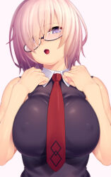 Rule 34 | 1girl, 846-gou, absurdres, bare arms, bare shoulders, black-framed eyewear, black dress, blush, bob cut, breasts, collared shirt, covered erect nipples, dress, fate/grand order, fate (series), glasses, hair over one eye, highres, huge breasts, lips, looking at viewer, mash kyrielight, necktie, open mouth, pink background, pink hair, purple eyes, red necktie, shirt, simple background, solo, upper body, white shirt