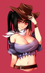 Rule 34 | 1girl, arm up, bare shoulders, belt, black hair, blouse, breasts, brown belt, brown hat, closed mouth, commentary, cowboy hat, eyes visible through hair, hair between eyes, hand on headwear, hand up, hat, highres, kurokoma saki, large breasts, long hair, looking to the side, navel, no wings, off-shoulder shirt, off shoulder, pink background, pink skirt, ponytail, purple shirt, raptor7, red eyes, scarf, shirt, short sleeves, simple background, skirt, smile, solo, symbol-only commentary, t-shirt, touhou, upper body, white scarf, wristband