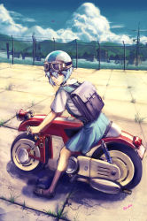 Rule 34 | 1girl, aircraft, airplane, artist name, ayanami rei, backpack, bag, blue hair, cloud, creator connection, crossover, day, fence, goggles, grass, helmet, highres, honneamise no tsubasa, jet, looking at viewer, marty tohn, motor vehicle, motorcycle, mountain, neon genesis evangelion, outdoors, realistic, red eyes, school uniform, science, science fiction, serafuku, sky, socha (pixiv99744), solo, vehicle, vehicle focus