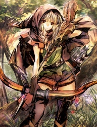 Rule 34 | 1girl, boots, bow (weapon), braid, brown footwear, brown thighhighs, dragon&#039;s crown, elf, elf (dragon&#039;s crown), forest, looking at viewer, madogawa, nature, pointy ears, solo, squirrel, thigh boots, thighhighs, weapon, zettai ryouiki
