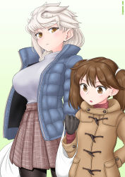 Rule 34 | 2girls, :o, alternate costume, arm behind back, asymmetrical hair, bag, black gloves, black legwear, blouse, blue jacket, blush, breasts, brown coat, brown eyes, brown hair, brown skirt, casual, coat, commentary request, cowboy shot, cypress, duffel coat, flat chest, fringe trim, gloves, gradient background, green background, grey shirt, hair tie, height difference, highres, holding, holding bag, hood, hooded coat, jacket, kantai collection, large breasts, long hair, long sleeves, looking at viewer, looking down, multiple girls, open clothes, open jacket, pantyhose, plaid, plaid skirt, plastic bag, red sweater, ribbed sweater, ryuujou (kancolle), shirt, shirt tucked in, sidelocks, silver hair, skirt, smile, standing, sweater, turtleneck, turtleneck sweater, twintails, twitter username, unryuu (kancolle), very long hair, wavy hair, white shirt, winter clothes, winter coat
