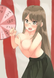 Rule 34 | 1girl, akemiho tabi nikki, annoyed, bad id, bad pixiv id, grabbing another&#039;s breast, breast hold, breasts, brown eyes, brown hair, cleavage, clenched hand, collarbone, covering privates, covering breasts, embarrassed, female focus, glasses, grabbing, kouno hikaru, large breasts, long hair, open mouth, oribe shiori, original, shy, skirt, skirt set, solo, striped, text focus, topless, wheel