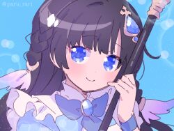 Rule 34 | 1girl, black hair, blue background, blue bow, blue bowtie, blue eyes, blue gemstone, blue shirt, blue wristband, blush, bow, bowtie, braid, closed mouth, dot nose, gem, hair ornament, holding, kozue mayu, layered sleeves, looking at viewer, magia record: mahou shoujo madoka magica gaiden, magical girl, mahou shoujo madoka magica, paru rari, portrait, shirt, side braids, sketch, smile, solo, twitter username