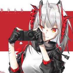 Rule 34 | 1girl, absurdres, ahoge, antennae, arknights, artist name, black gloves, black jacket, black scarf, camera, charm (object), copyright name, fingerless gloves, gloves, grey hair, grey shirt, hands up, highres, holding, holding camera, jacket, looking at viewer, nuru (ezvr2347), open clothes, open jacket, parted lips, red background, red eyes, scar, scar on arm, scarf, shirt, short hair, simple background, sleeves past elbows, slit pupils, solo, theresa (arknights), two-tone background, upper body, w (arknights), white background