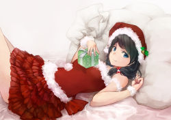 Rule 34 | 1girl, bare shoulders, black hair, blue eyes, box, christmas, closed mouth, female focus, frilled skirt, frills, gift, gift bag, gift box, hair ribbon, hat, looking at viewer, lying, on back, original, red skirt, ribbon, santa costume, santa hat, skirt, smile, solo, yashigaras