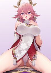 Rule 34 | 1girl, absurdres, aether (genshin impact), bare shoulders, breasts, genshin impact, gluteal fold, hair between eyes, hair ornament, hand on own chest, highres, japanese clothes, large breasts, miko, naughty face, open mouth, panties, pink hair, purple eyes, shuumatsu no uchuu, spread legs, thighs, tongue, tongue out, underwear, white panties, yae miko