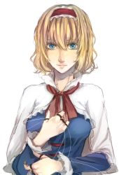 Rule 34 | 1girl, alice margatroid, bad id, bad pixiv id, blonde hair, blue eyes, bow, breasts, capelet, dress, female focus, hair bow, hairband, highres, lips, medium breasts, ribbon, short hair, smile, sofy, solo, string, touhou