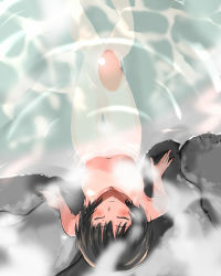 Rule 34 | 1girl, amagami, bathing, black hair, blush, breasts, completely nude, convenient censoring, closed eyes, murasaki iro, nanasaki ai, navel, nude, onsen, partially submerged, short hair, sitting, solo, steam, steam censor, upside-down
