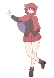Rule 34 | 1girl, black footwear, black shirt, bow, cloak, commentary, full body, hair bow, high heels, long sleeves, looking at viewer, parted lips, poronegi, red eyes, red hair, red skirt, sekibanki, shirt, simple background, skirt, smile, solo, standing, standing on one leg, touhou, white background